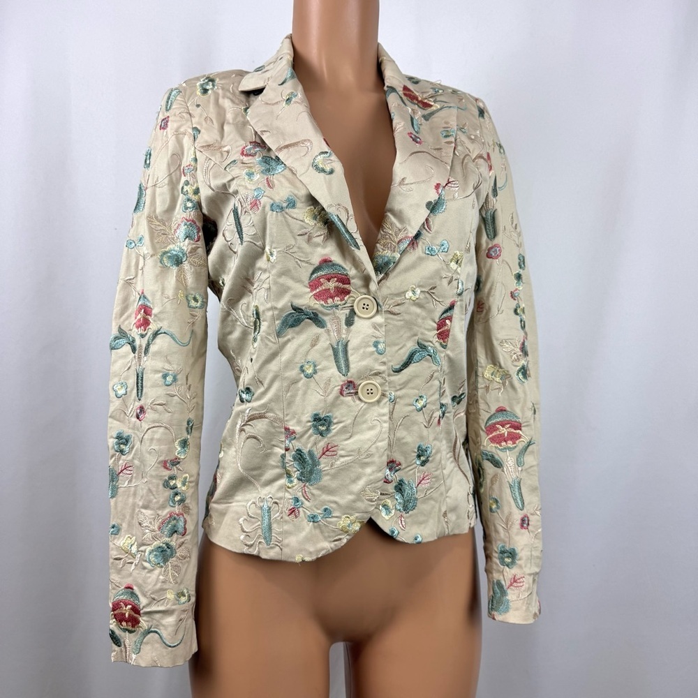 CORTEFIEL Women’s Sz 38 US M Cream Embroidered Blazer Jacket Whimsical Fairycore